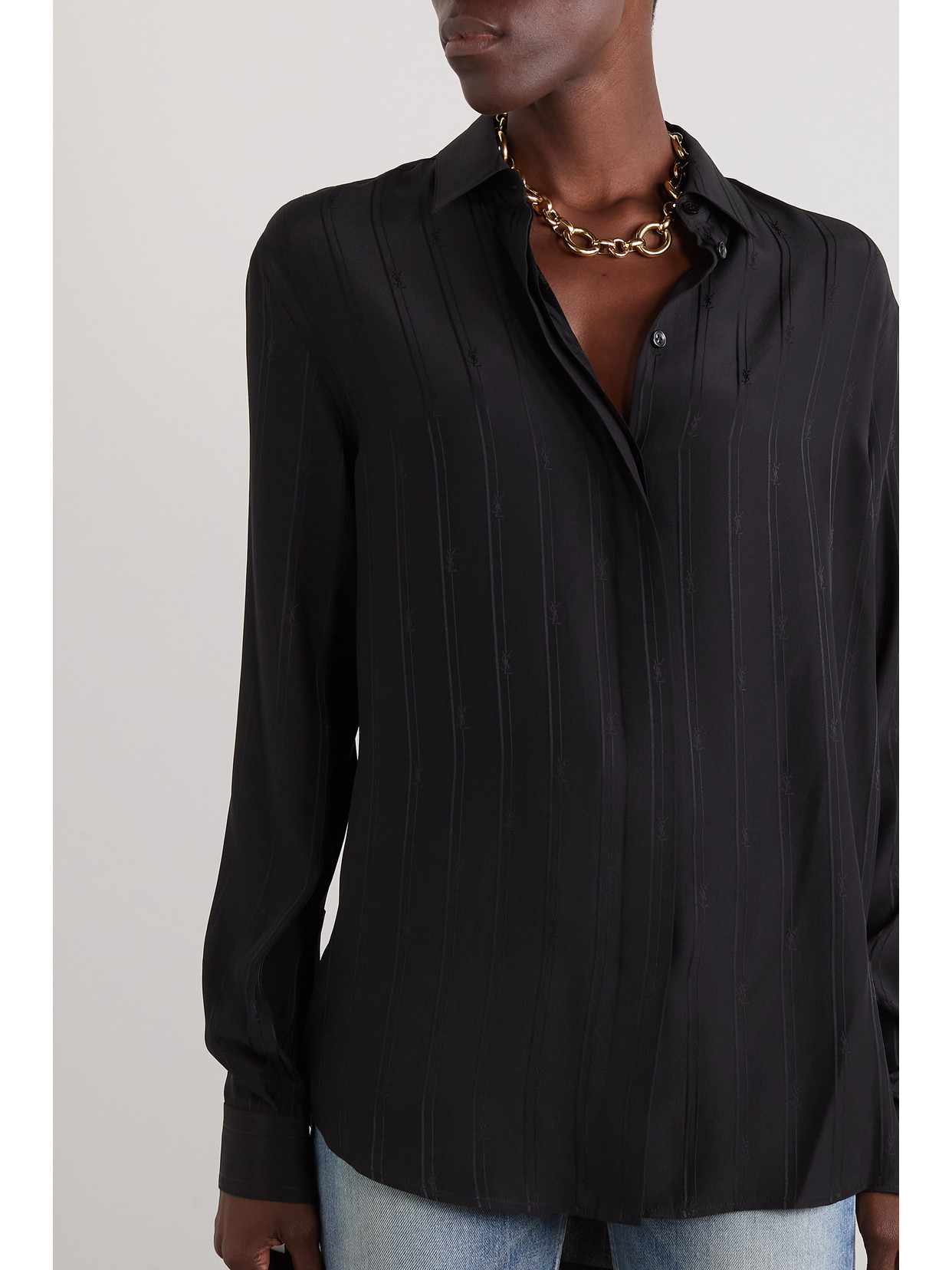 Shop Saint Laurent Striped Silk-georgette Shirt In Black