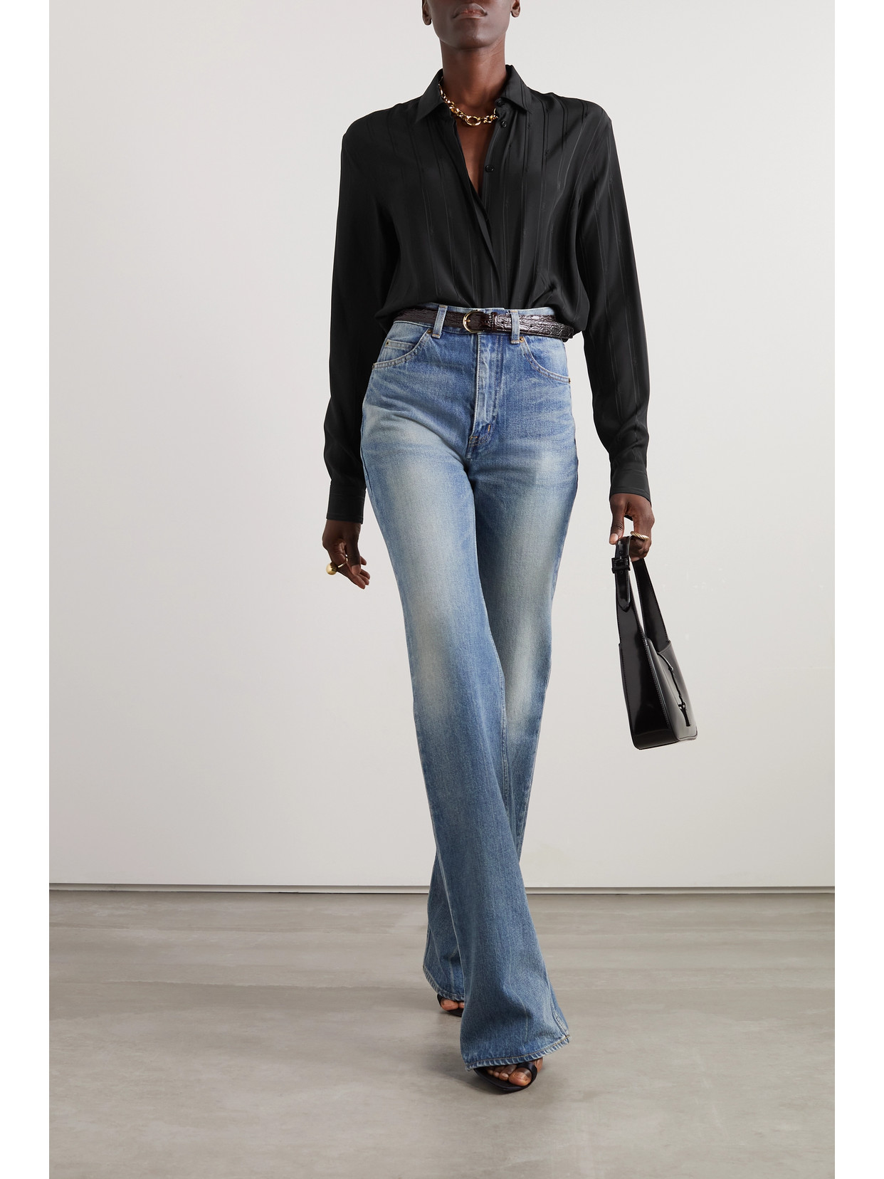 Saint Laurent Striped Silk-georgette Shirt In Black