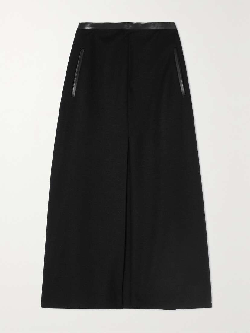 SAINT LAURENT Leather-trimmed Wool-blend Midi Skirt