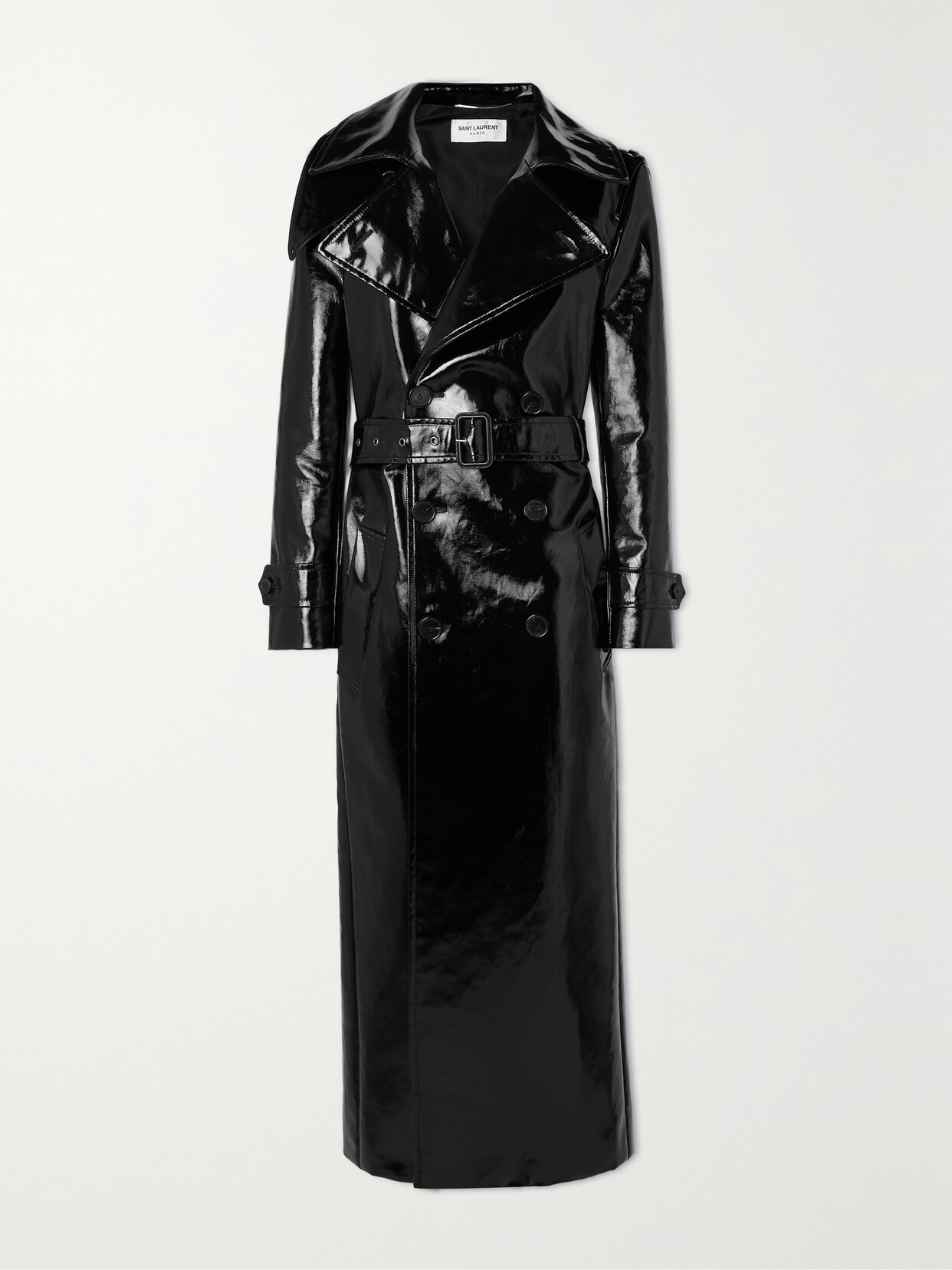 Saint Laurent Belted Double-breasted Coated-cotton Trench Coat In Black