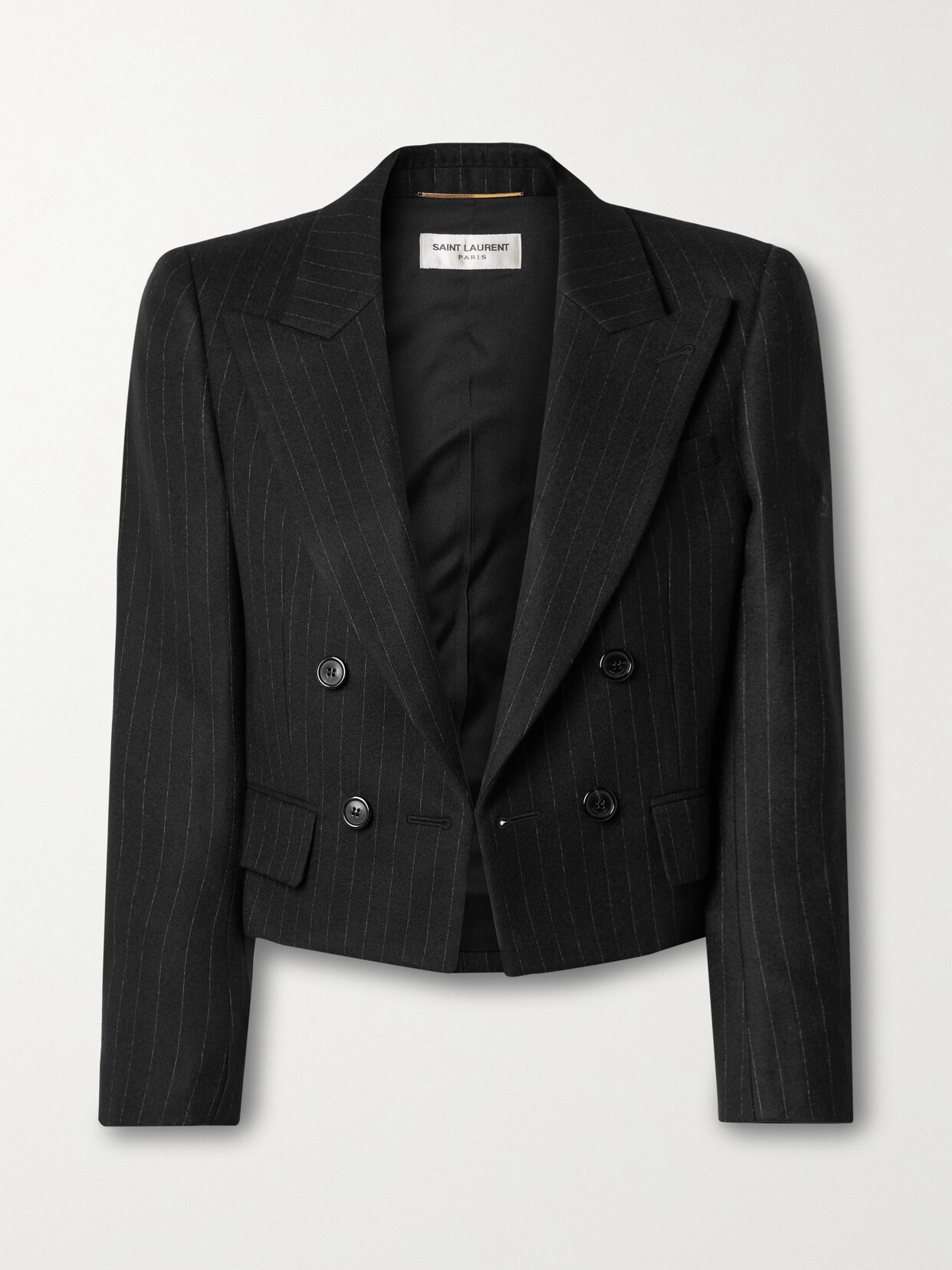 Saint Laurent Cropped Pinstriped Wool And Cotton-blend Twill Blazer In Black