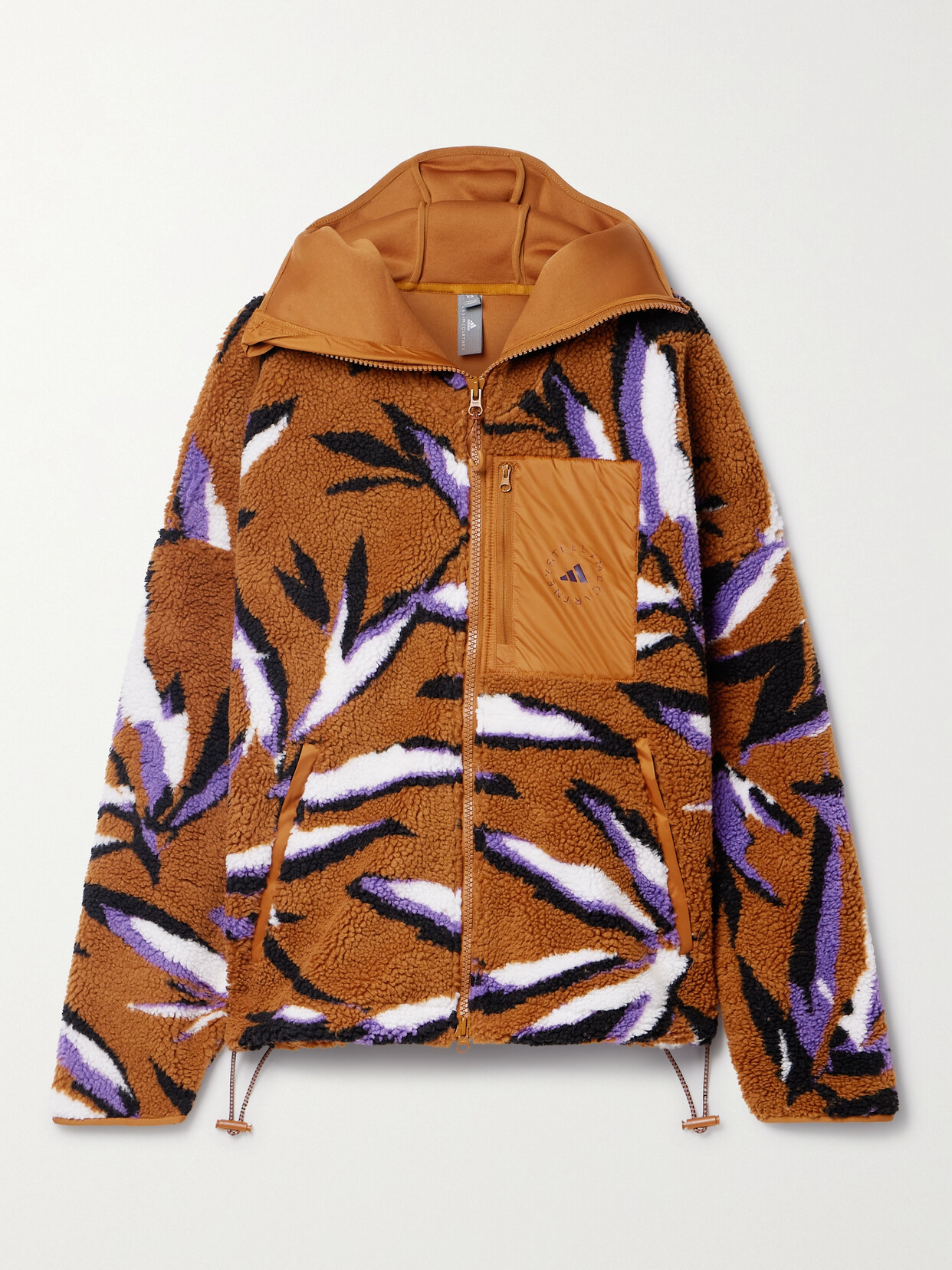 Shop Adidas By Stella Mccartney Hooded Shell-trimmed Recycled Fleece-jacquard Jacket In Brown