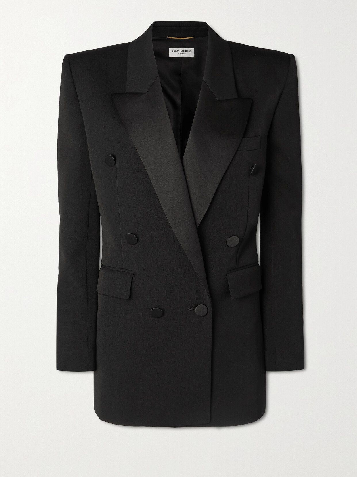 SAINT LAURENT Double-breasted Satin-trimmed Grain De Poudre Wool Blazer - Black