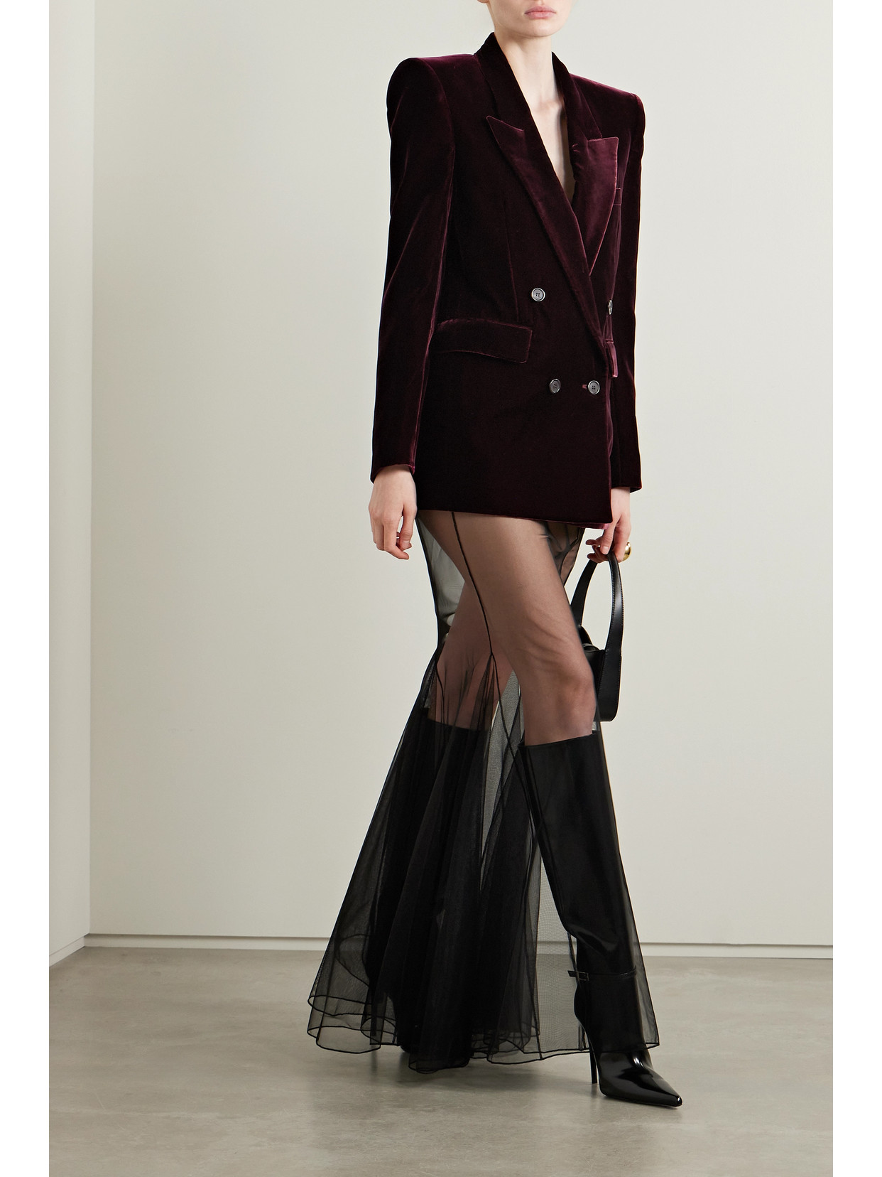 Shop Saint Laurent Double-breasted Velvet Blazer In Burgundy