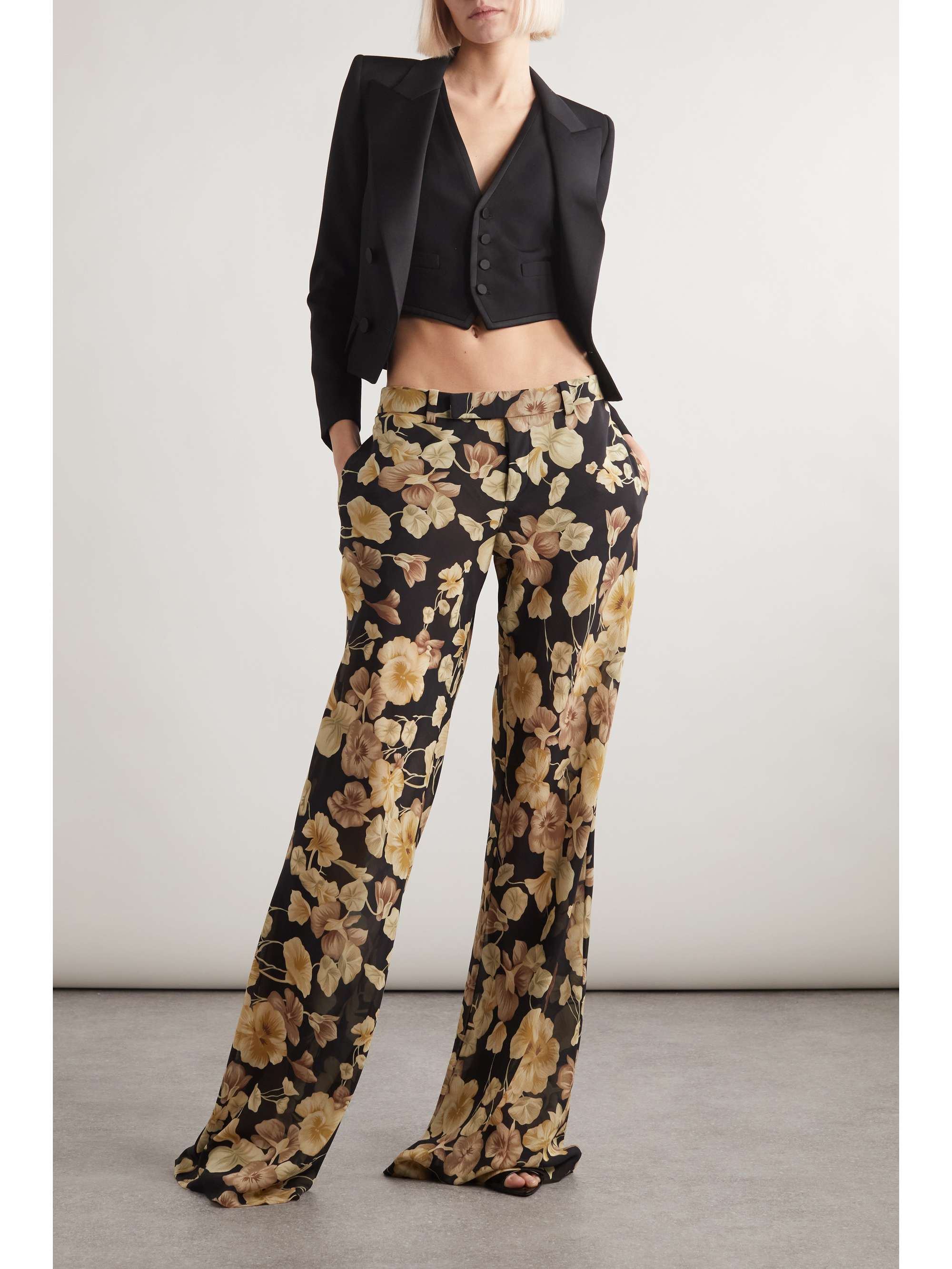 Floral-print silk-georgette flared pants