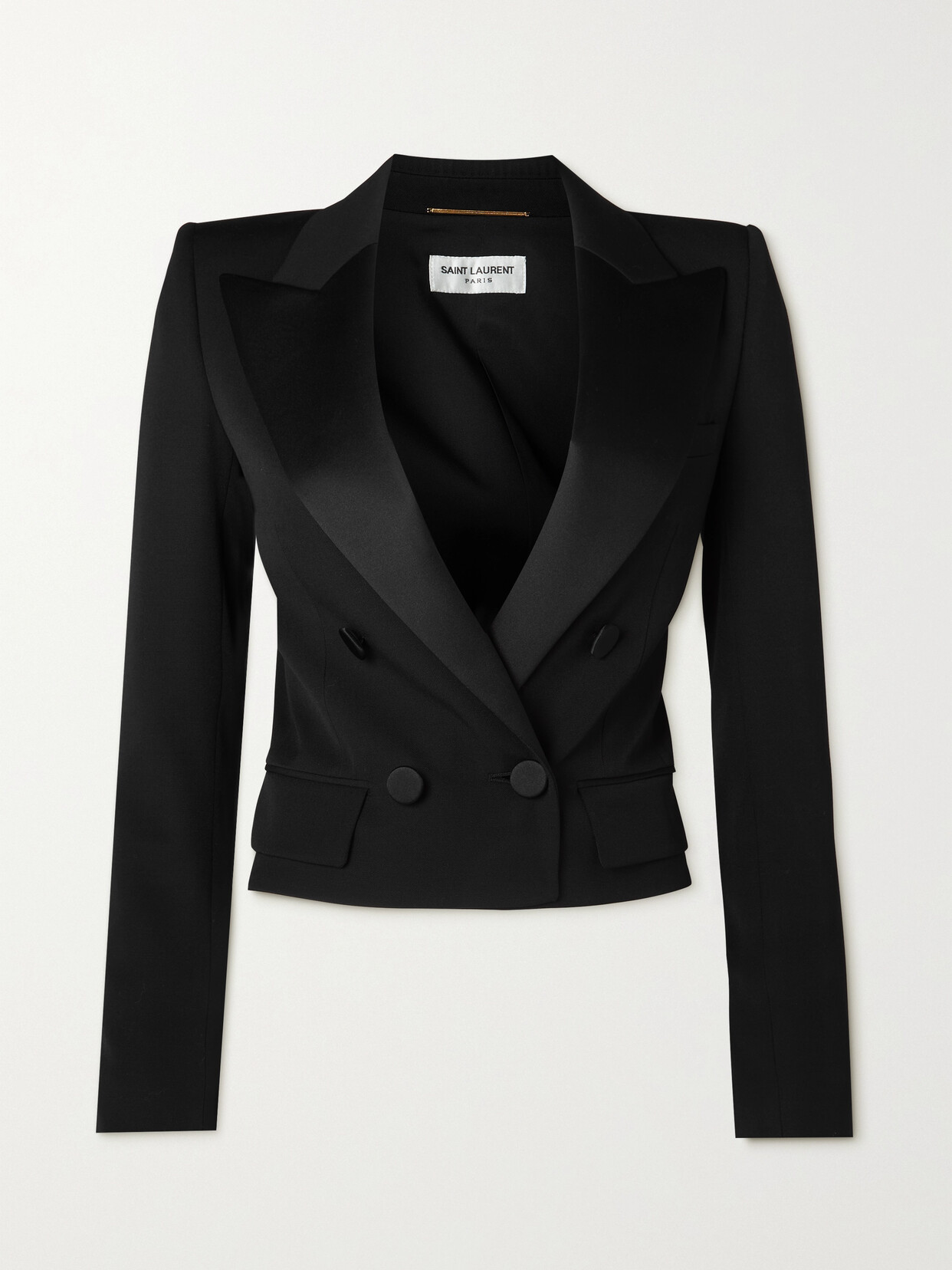 Saint Laurent Cropped Satin-trimmed Grain De Poudre Wool Jacket In Black