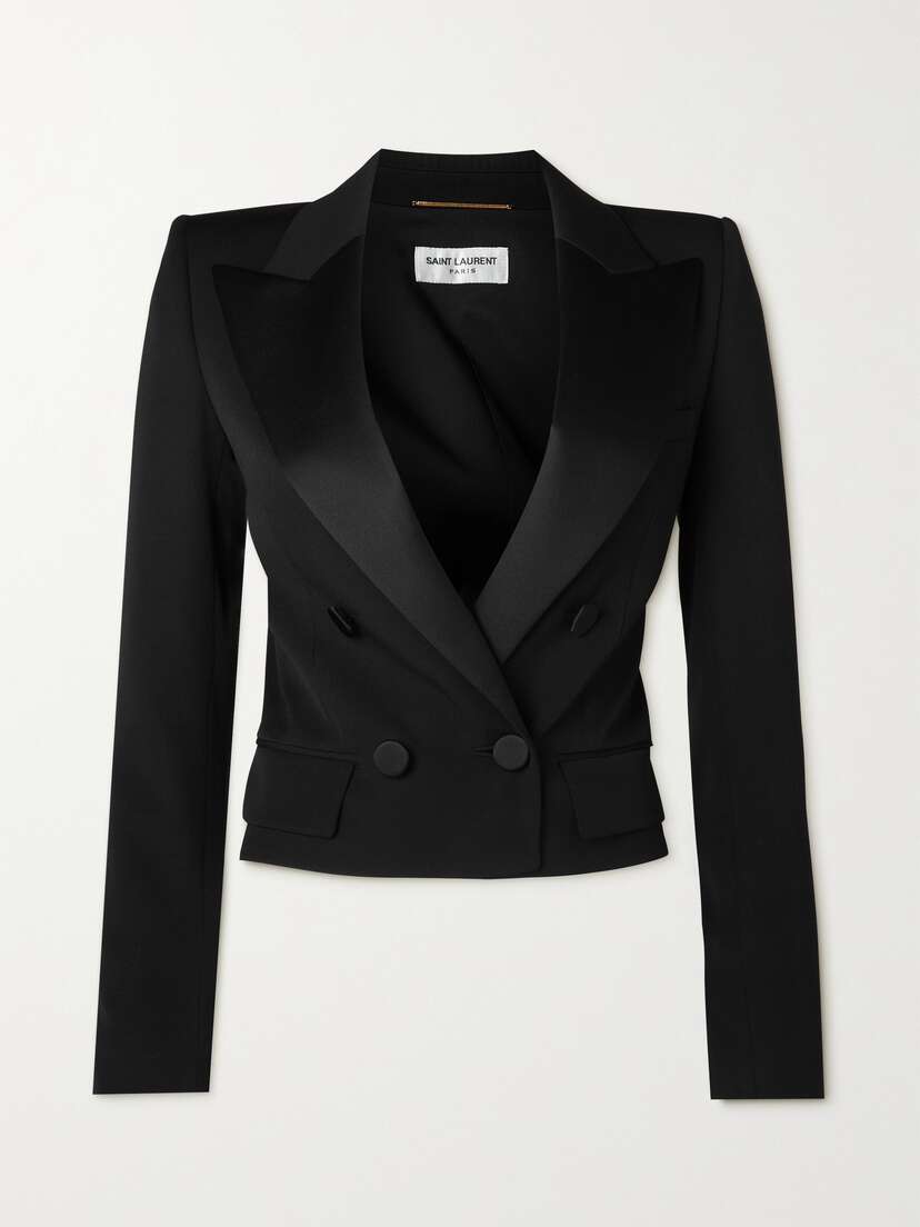 Saint Laurent Cropped Satin-trimmed Grain De Poudre Wool Jacket