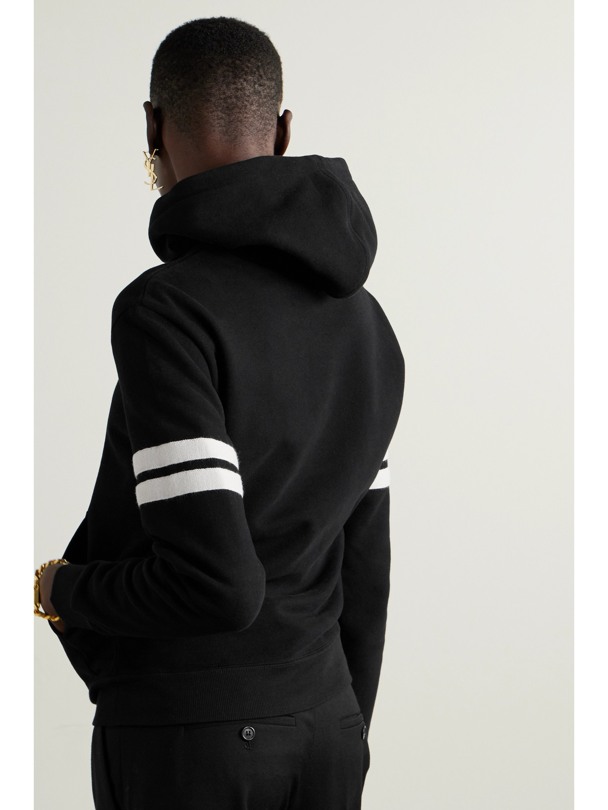 Shop Saint Laurent Striped Embroidered Cotton-jersey Hoodie In Black