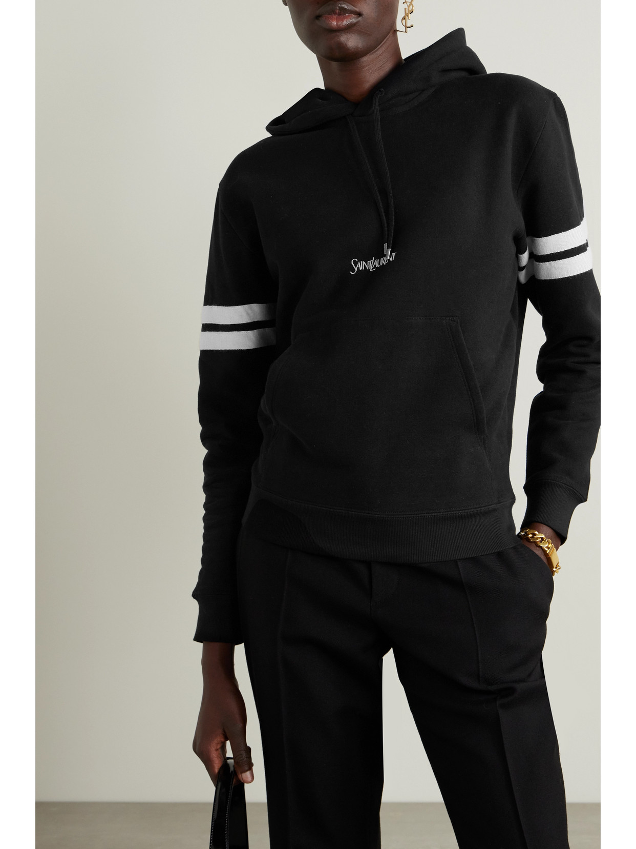 Shop Saint Laurent Striped Embroidered Cotton-jersey Hoodie In Black