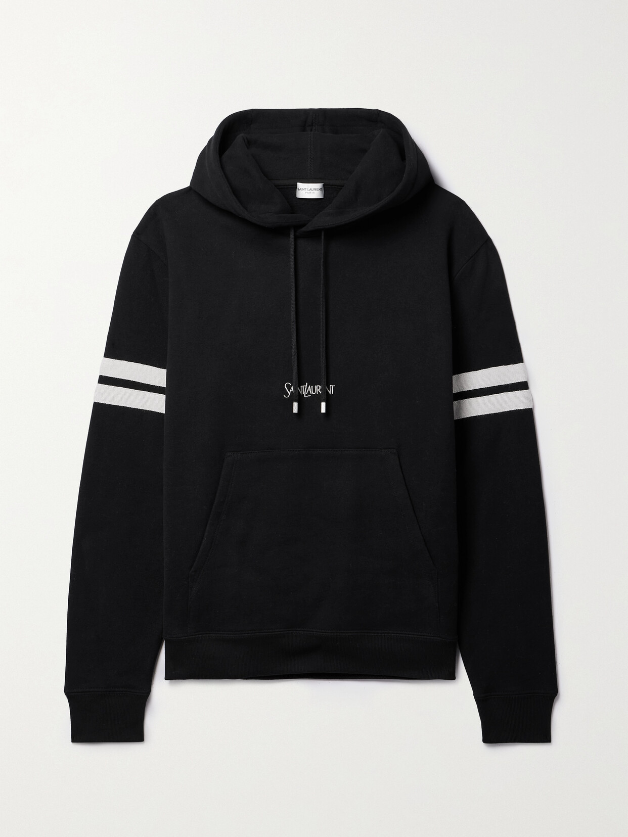 Shop Saint Laurent Striped Embroidered Cotton-jersey Hoodie In Black