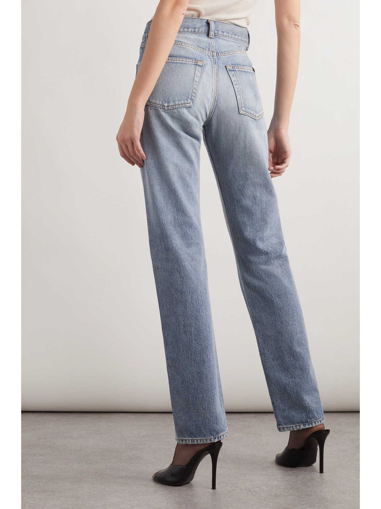 Shop Saint Laurent Cassandre Embellished High-rise Straight-leg Jeans In Blue