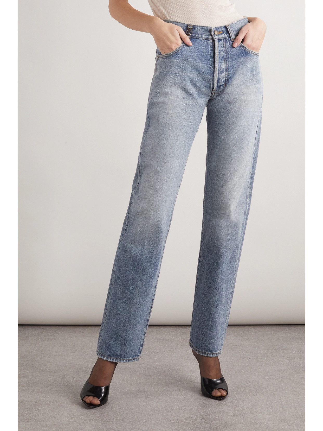 Shop Saint Laurent Cassandre Embellished High-rise Straight-leg Jeans In Blue