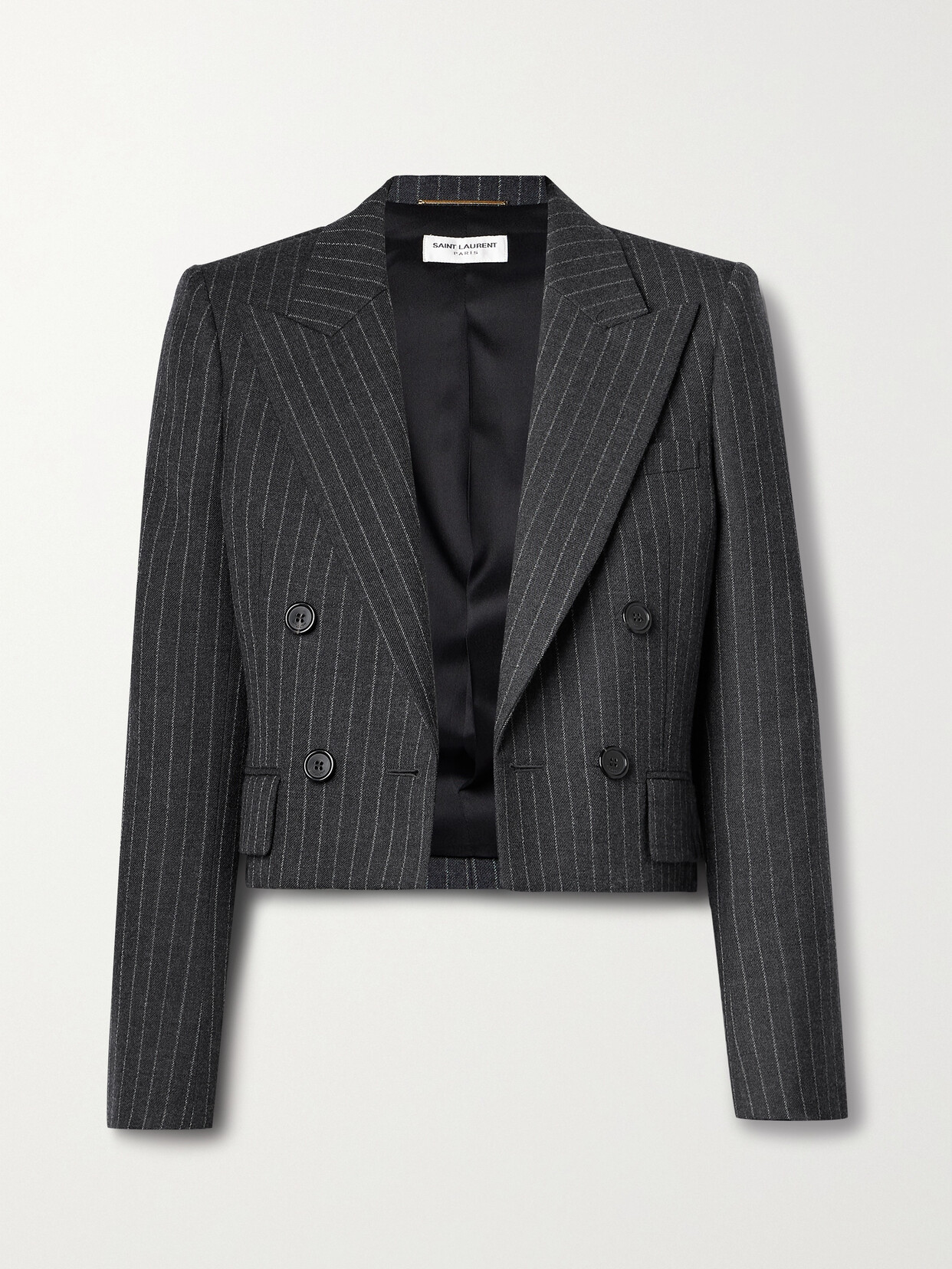 Shop Saint Laurent Cropped Pinstriped Wool Blazer In Gray