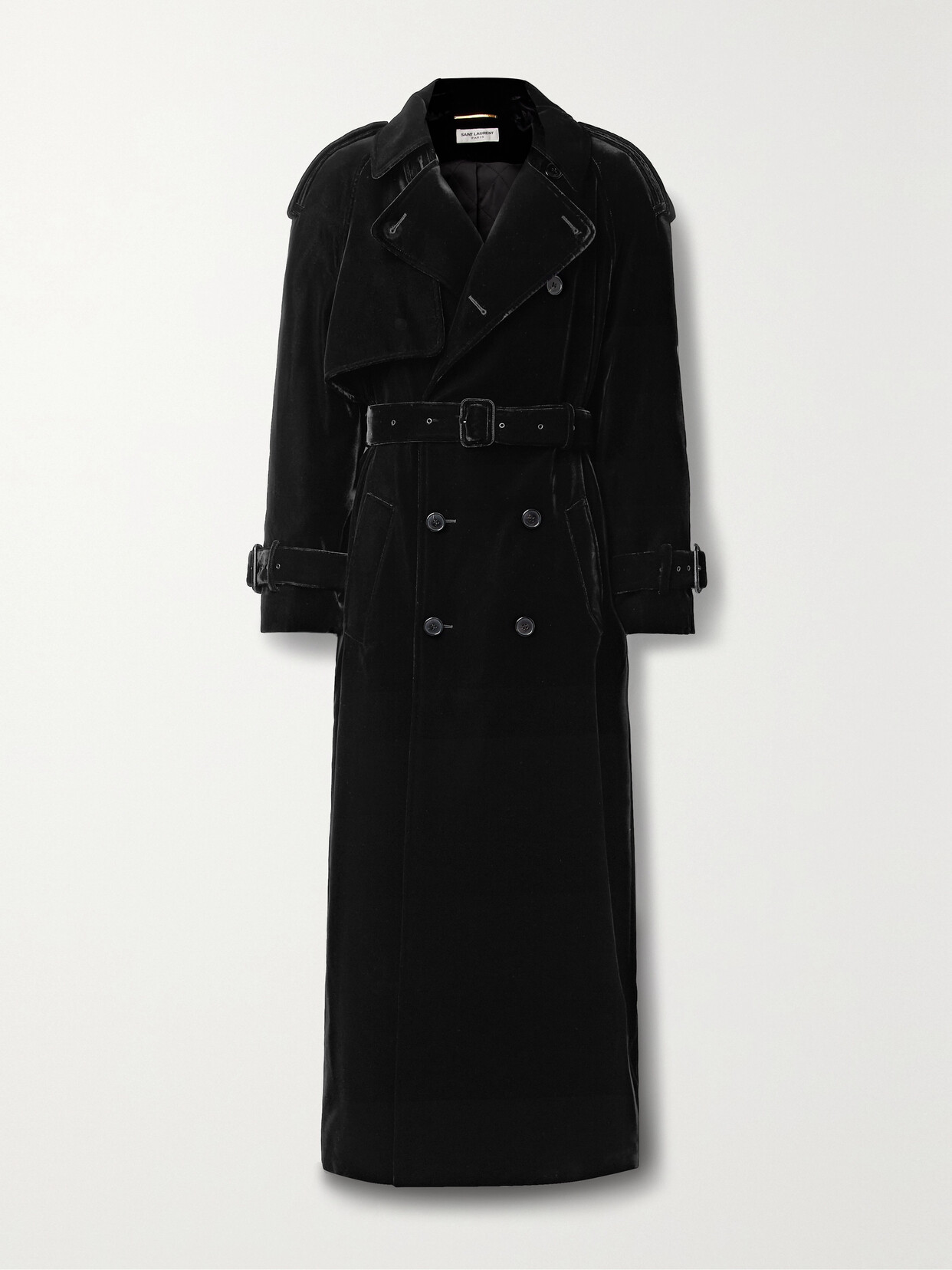 Saint Laurent Belted Double-breasted Velvet Trench Coat In Black