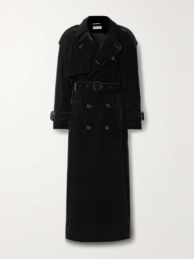 Saint Laurent Belted Double-breasted Velvet Trench Coat