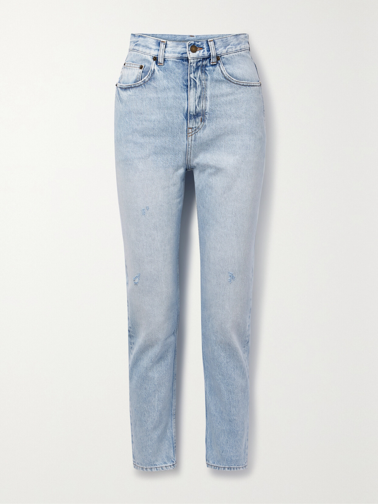 SAINT LAURENT Distressed High-rise Straight-leg Jeans - Blue