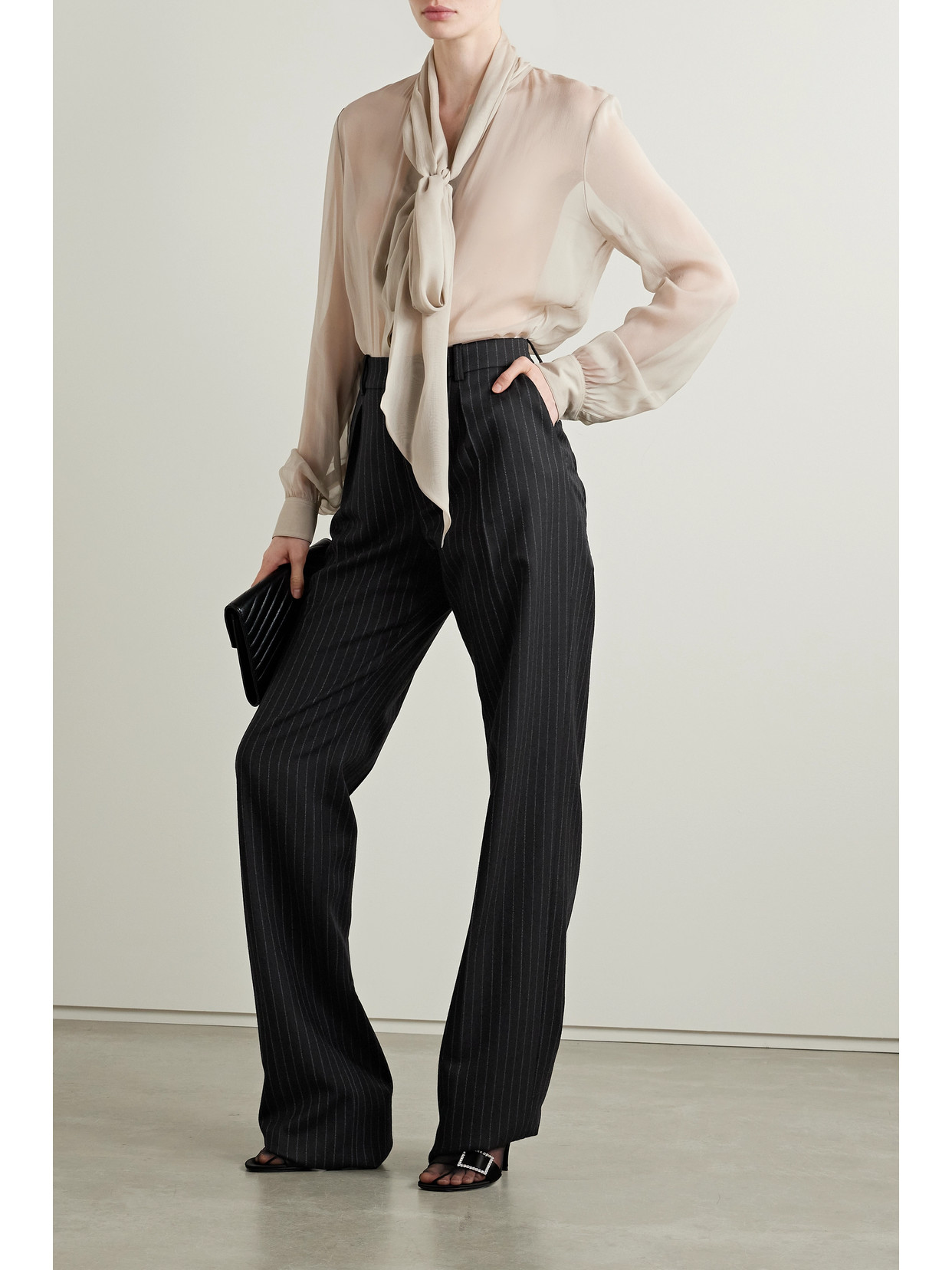 Shop Saint Laurent Pleated Pinstriped Wool Straight-leg Pants In Black