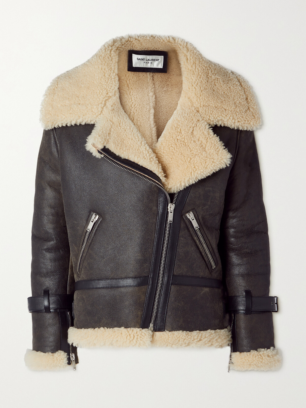 Shop Saint Laurent Leather And Shearling Biker Jacket In Black