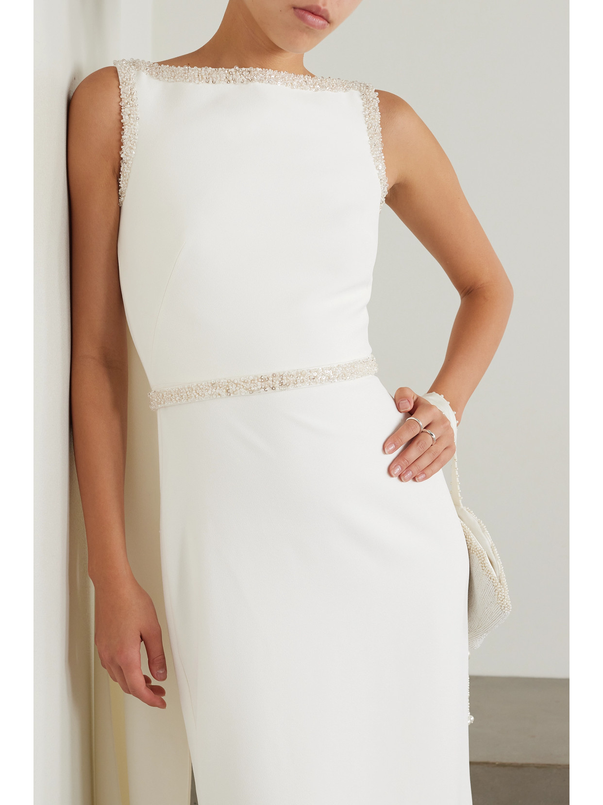 Shop Safiyaa Ginevra Cape-effect Embellished Stretch-crepe Gown In White