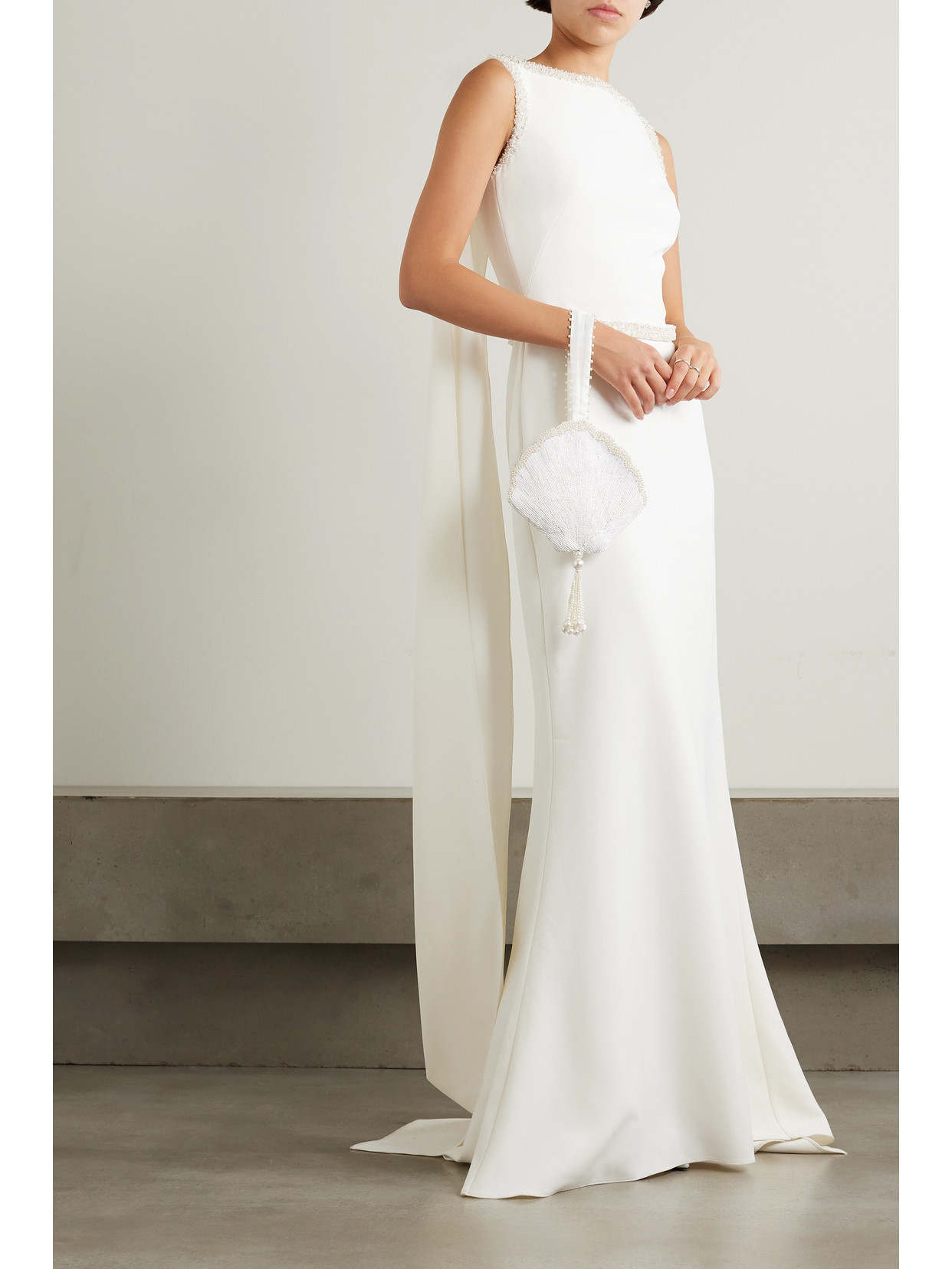 Shop Safiyaa Ginevra Cape-effect Embellished Stretch-crepe Gown In White