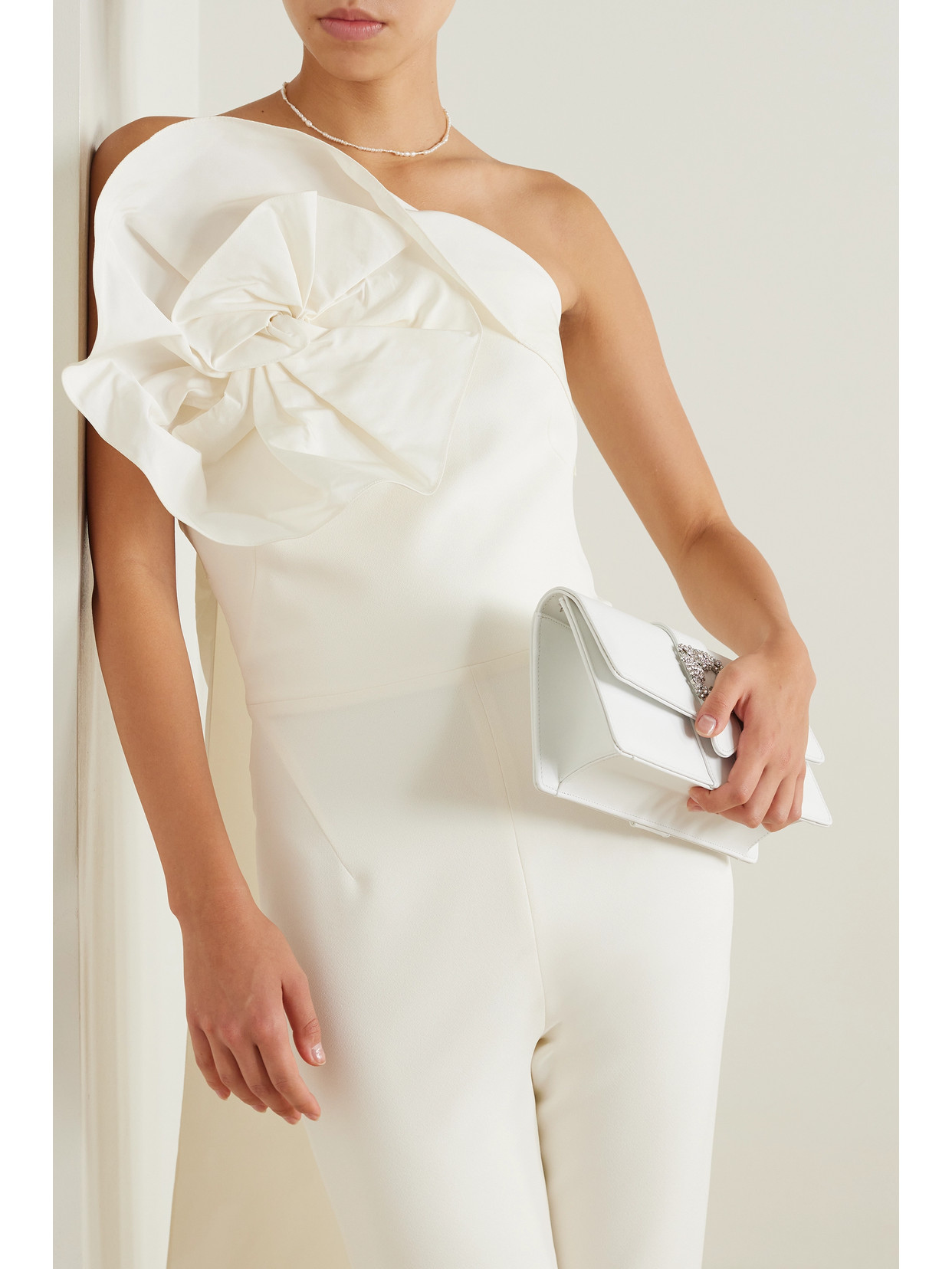Safiyaa Omi Strapless Cape-effect Faille-trimmed Stretch-crepe Jumpsuit In White