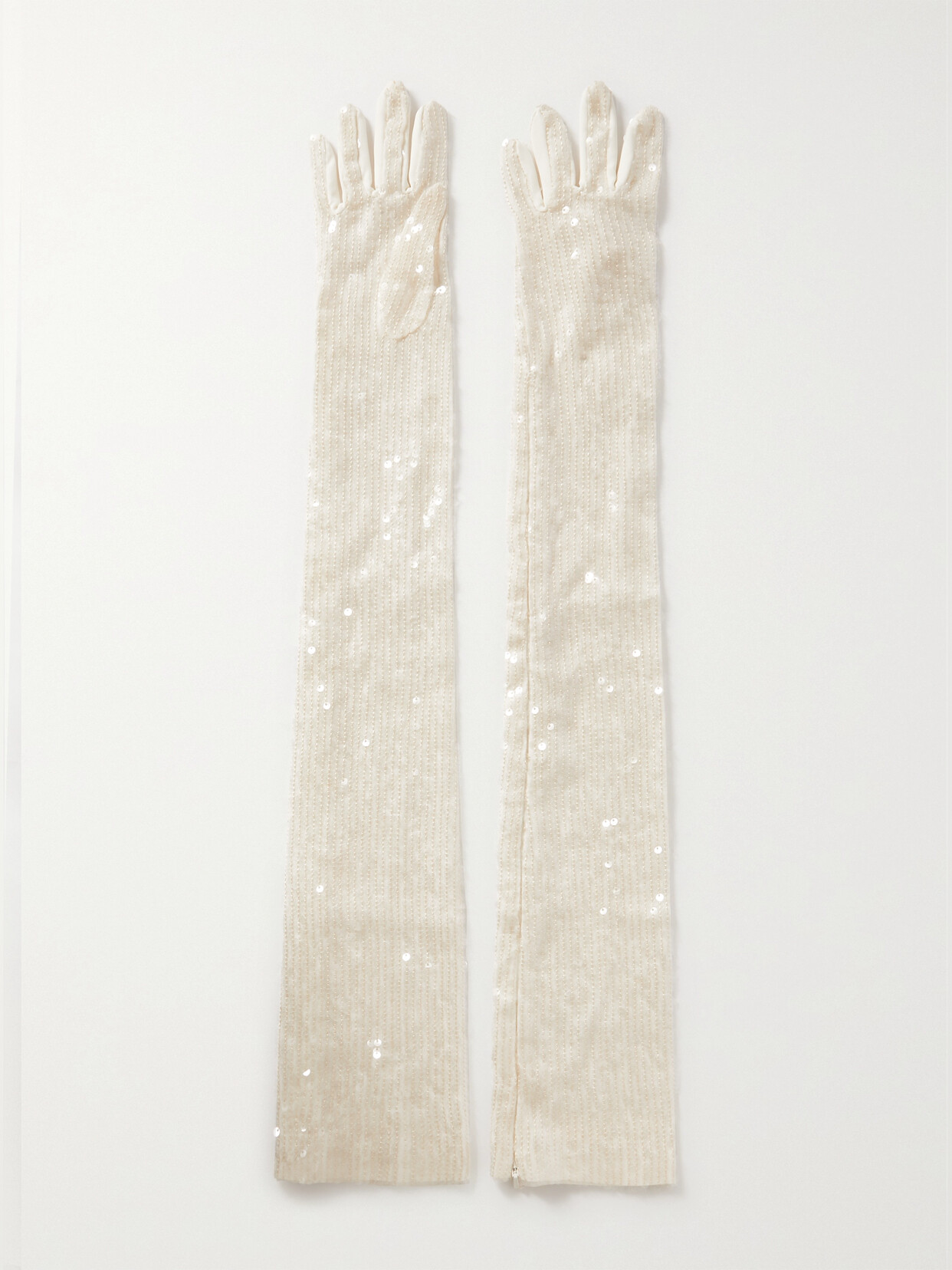 Safiyaa - Sequined Satin Gloves - White