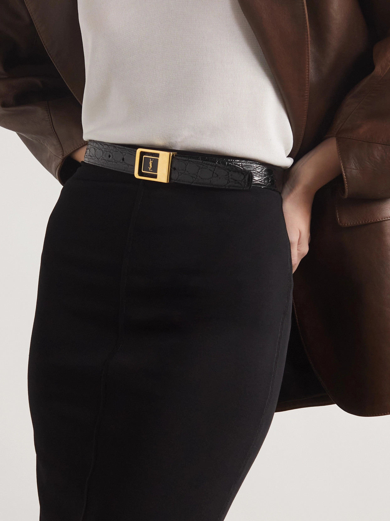 Shop Saint Laurent Croc-effect Leather Belt In Black