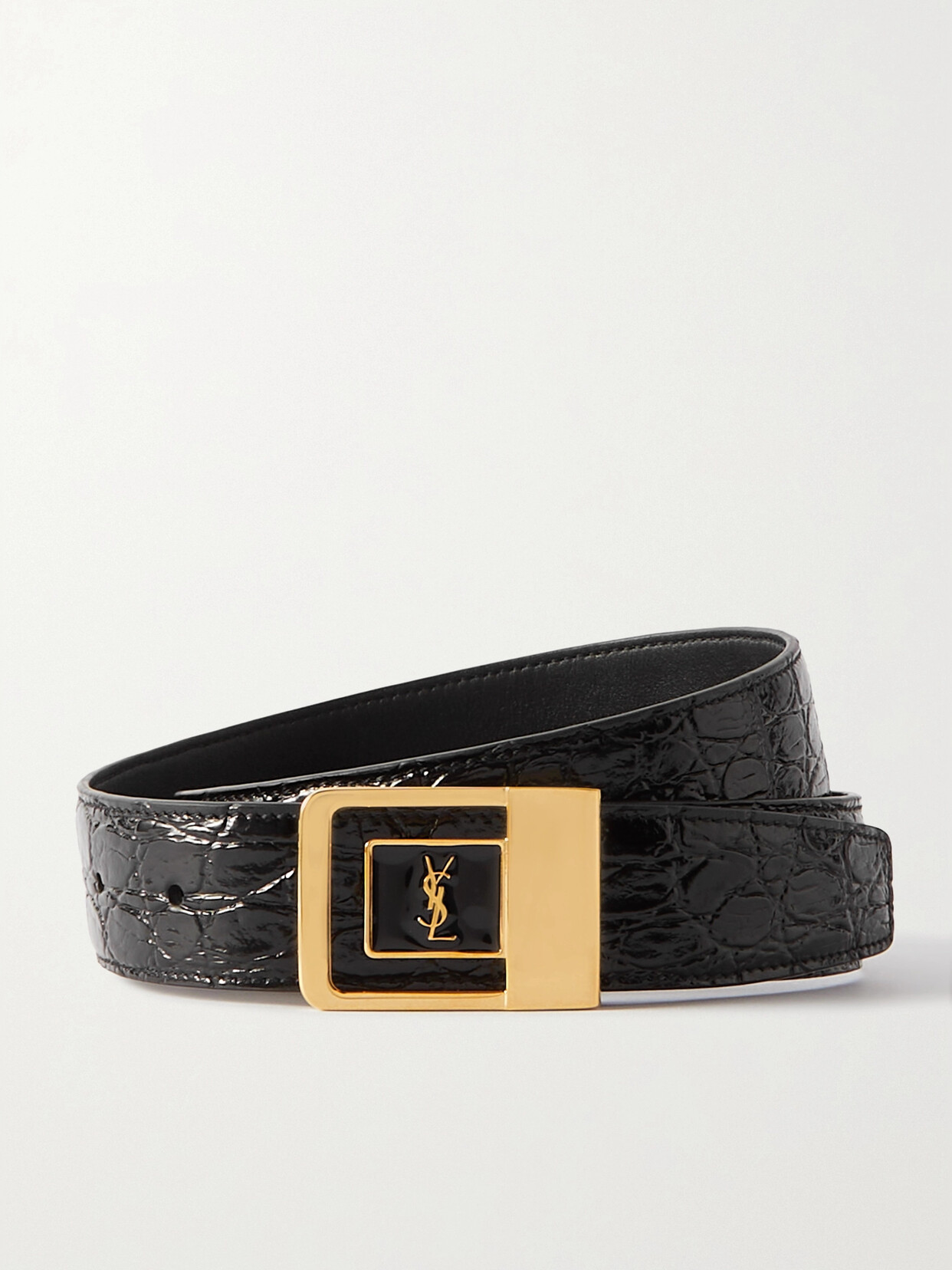 Shop Saint Laurent Croc-effect Leather Belt In Black