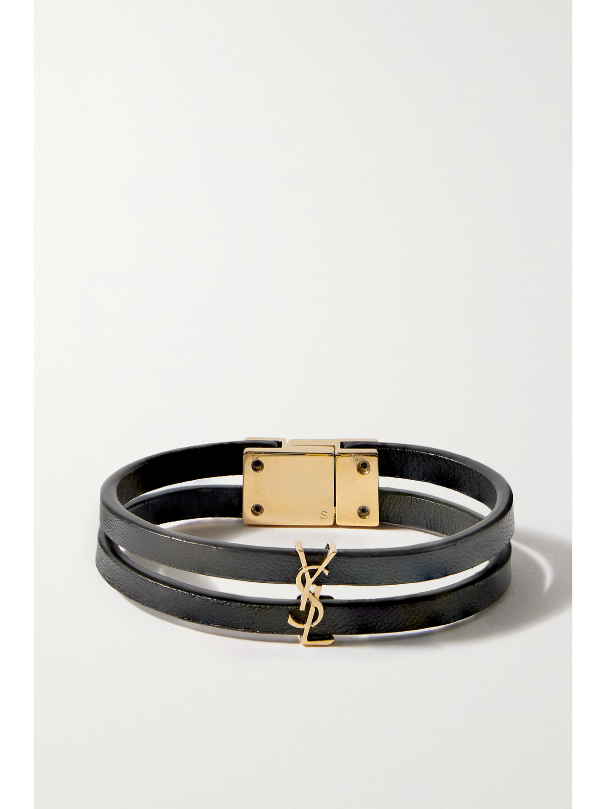 Saint Laurent Cassandre Gold-tone Leather Bracelet In Black