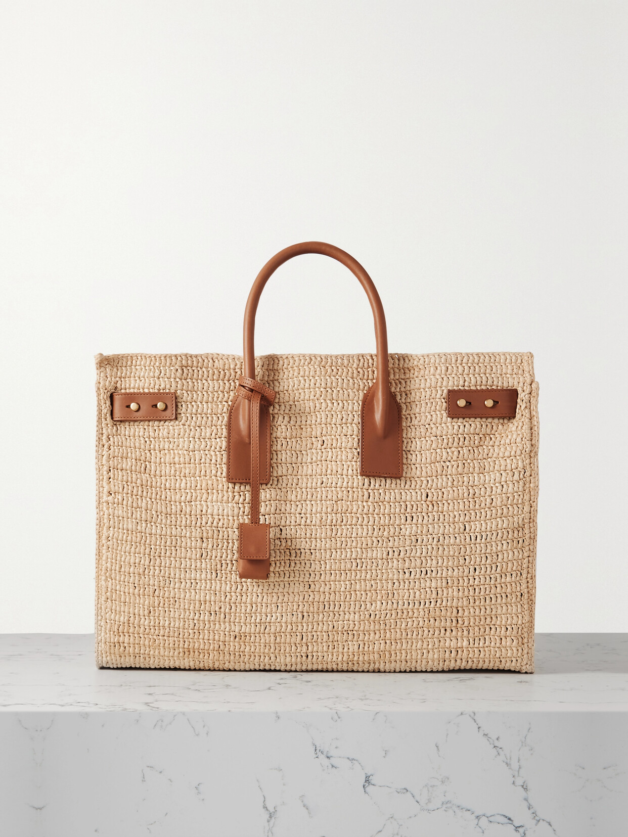 SAINT LAURENT SAC DE JOUR MEDIUM LEATHER-TRIMMED RAFFIA TOTE