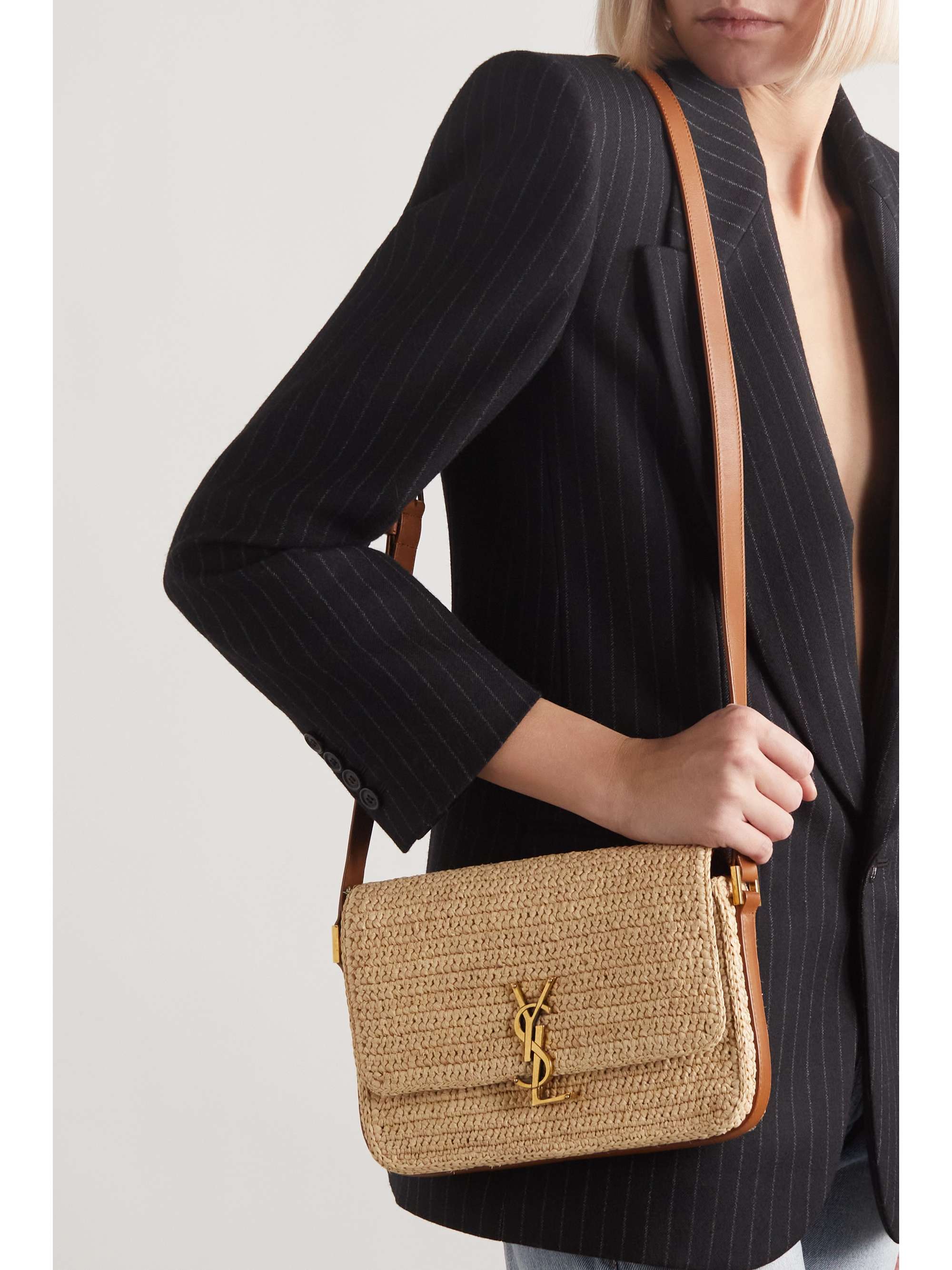 SAINT LAURENT Solferino medium leathertrimmed raffia shoulder bag