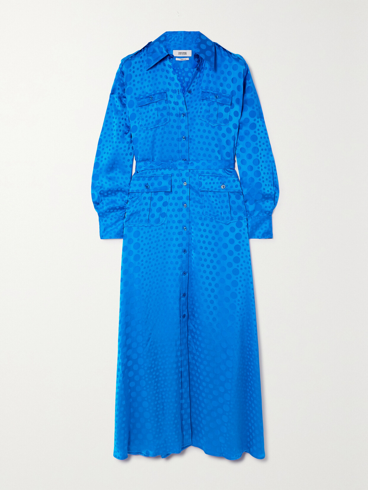 Shop Christopher John Rogers Belted Polka-dot Satin-jacquard Maxi Shirt Dress In Blue