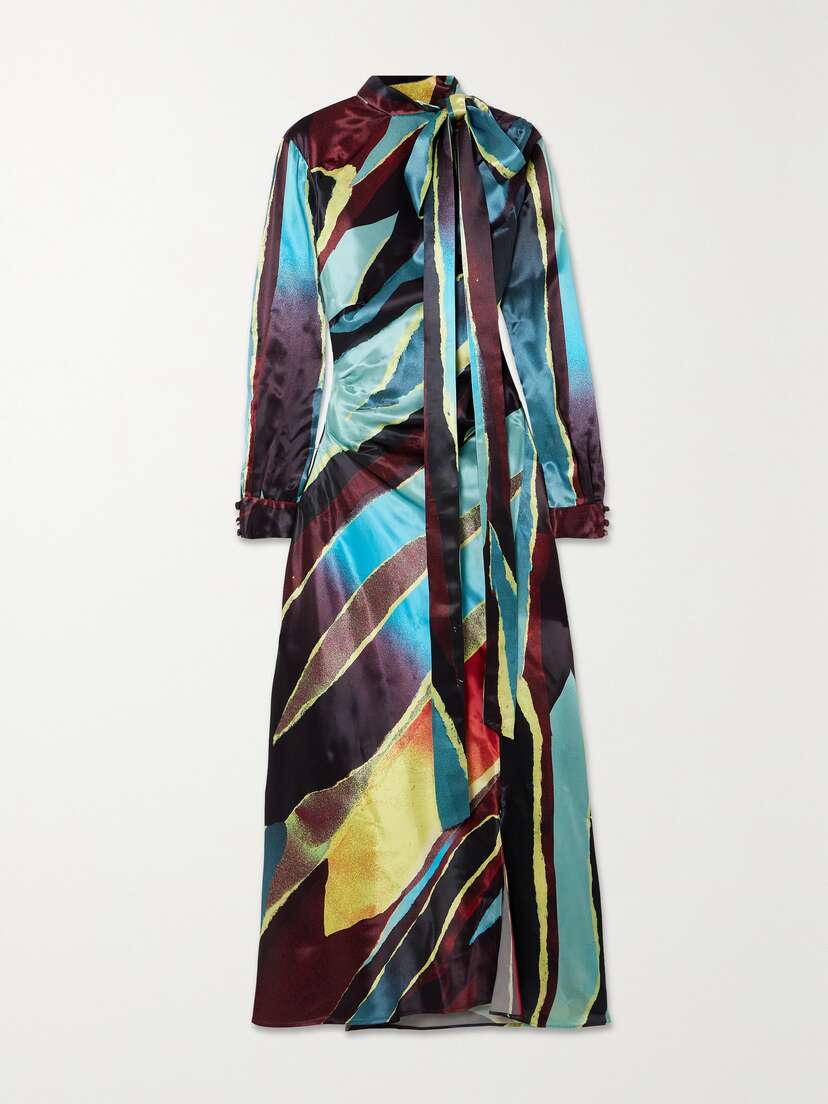 Christopher John Rogers Pussy-bow Cutout Printed Satin Maxi Dress