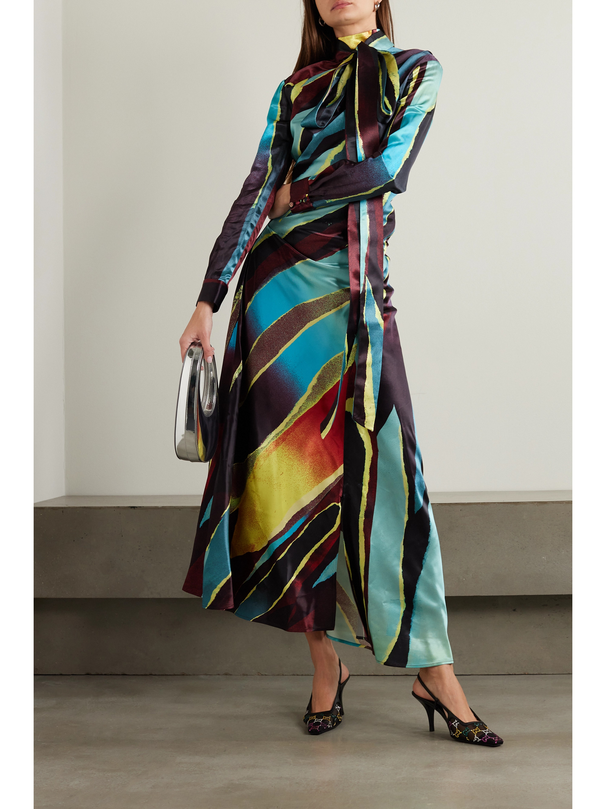 Christopher John Rogers Pussy-bow cutout printed satin maxi dress