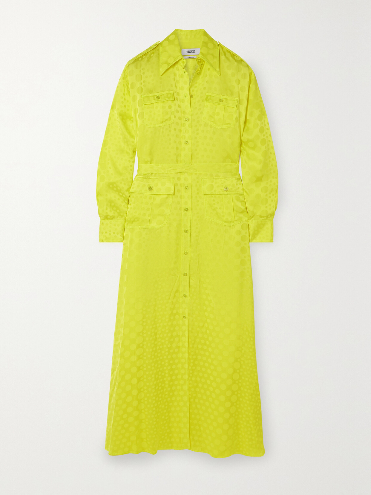 Christopher John Rogers Belted Polka-dot Satin-jacquard Maxi Shirt Dress In Yellow