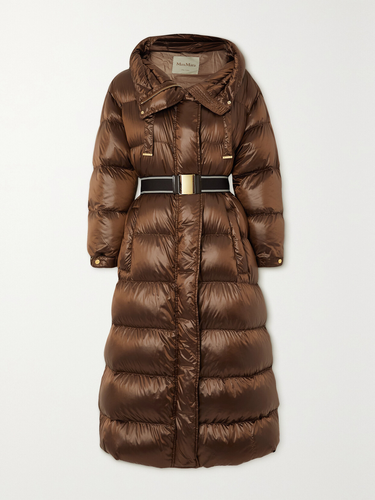 Max Mara Hooded Belted Quilted Shell Coat In Gold