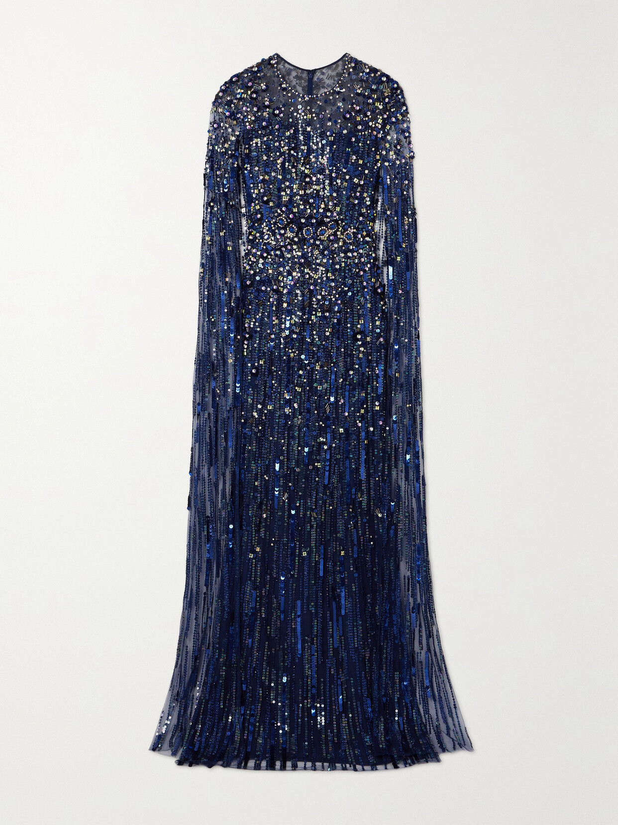 Jenny Packham Cape-effect Embellished Tulle Gown In Blue