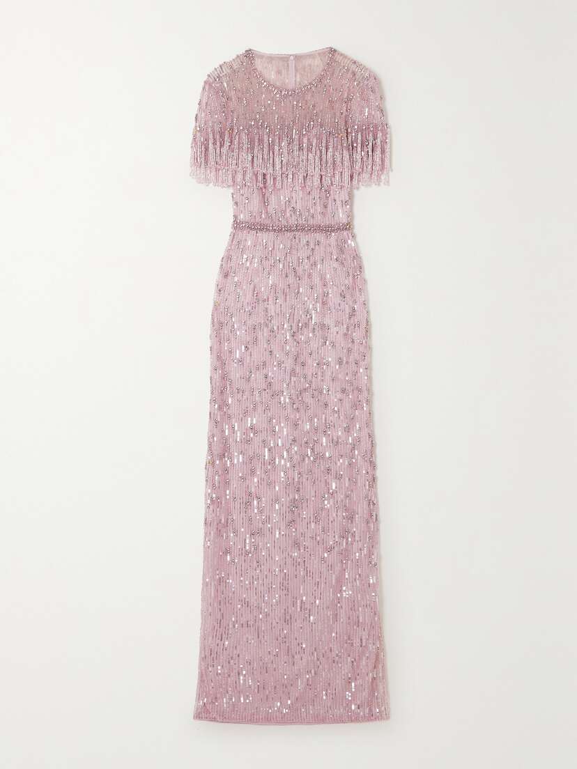 Jenny Packham Meline Fringed Embellished Tulle Gown - UK 20