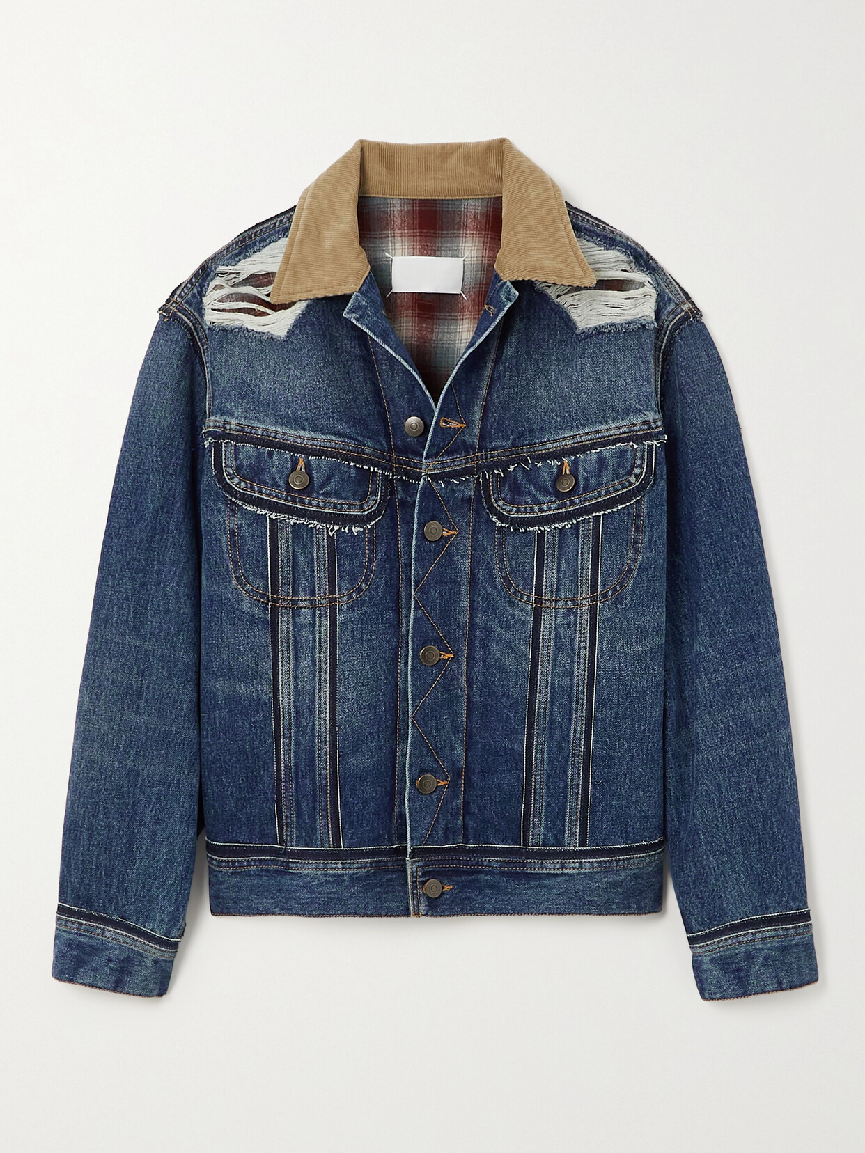 Maison Margiela Corduroy-trimmed Distressed Denim And Checked Wool Jacket