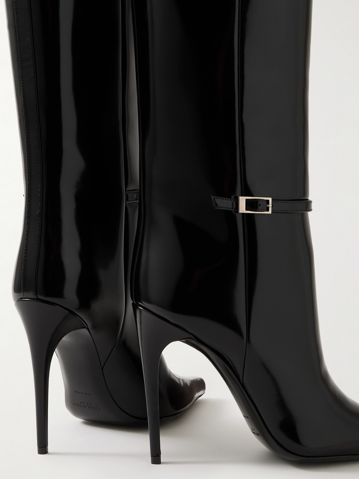 Shop Saint Laurent Vendome Buckled Glossed-leather Knee Boots In Black