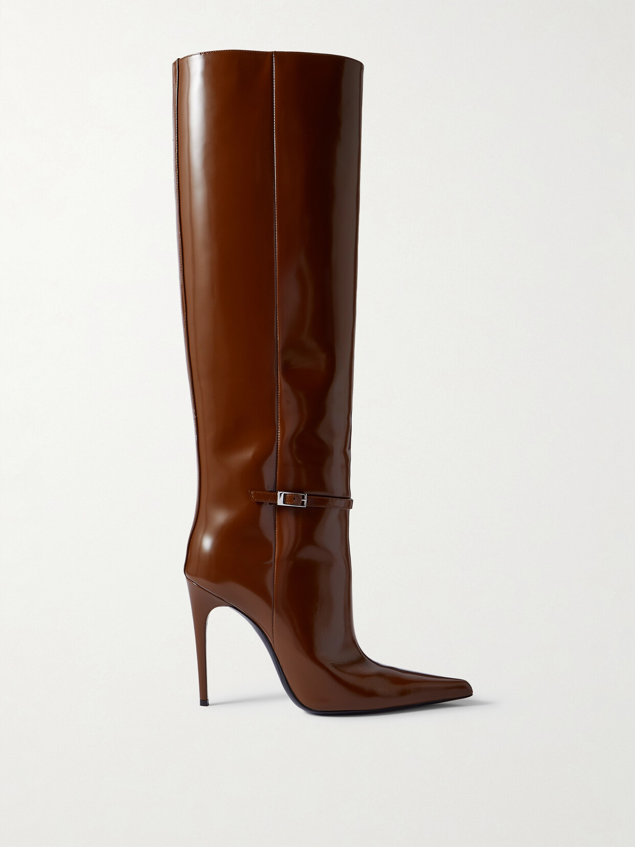 Saint Laurent Vendôme Buckled Glossed-leather Knee Boots In Brown