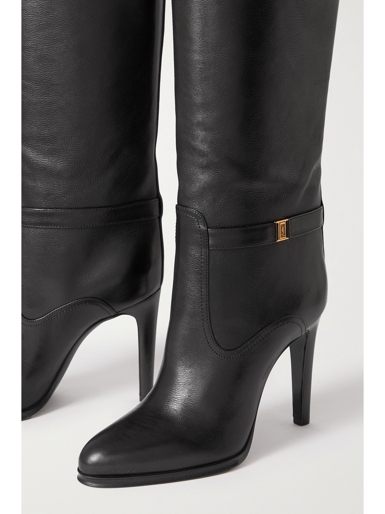 Shop Saint Laurent Diane Logo-embellished Leather Knee Boots In Black