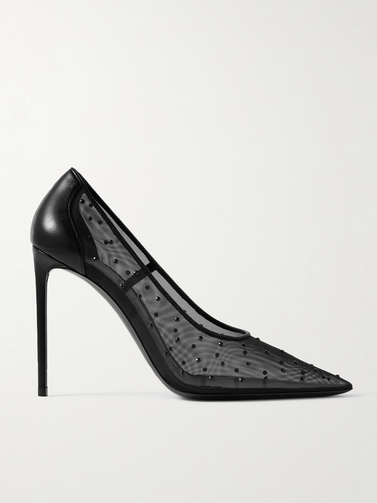 Shop Saint Laurent Anja Leather-trimmed Crystal-embellished Mesh Pumps In Black