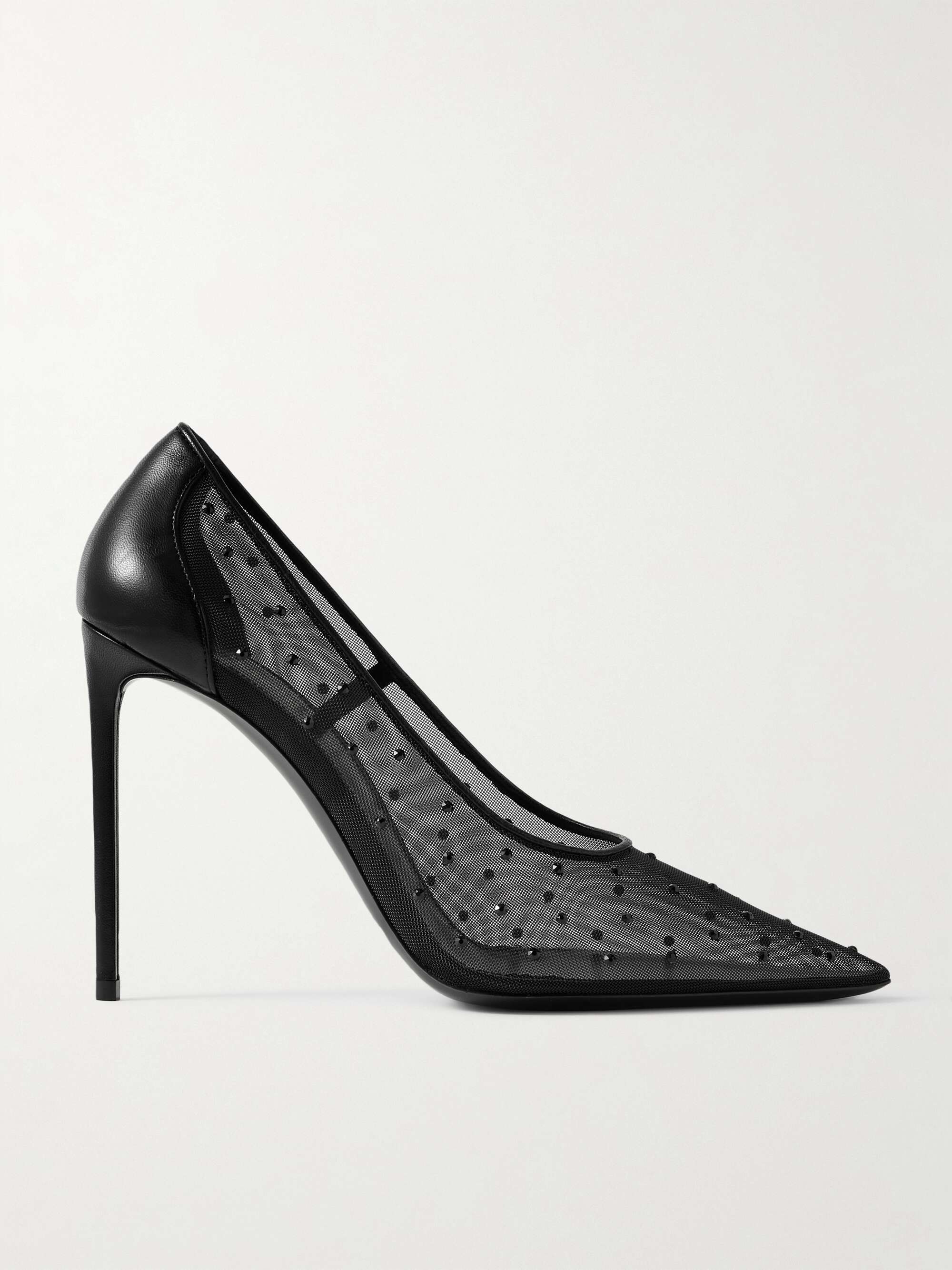 Anja leather-trimmed crystal-embellished mesh pumps