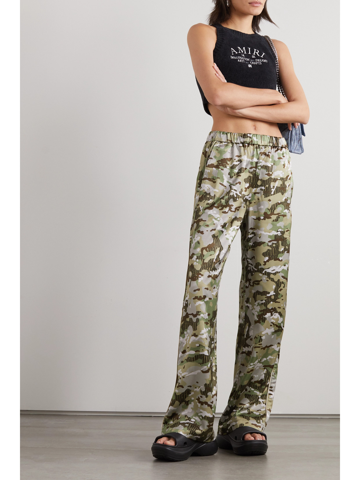 Shop Amiri Camouflage-print Satin Pants In Green