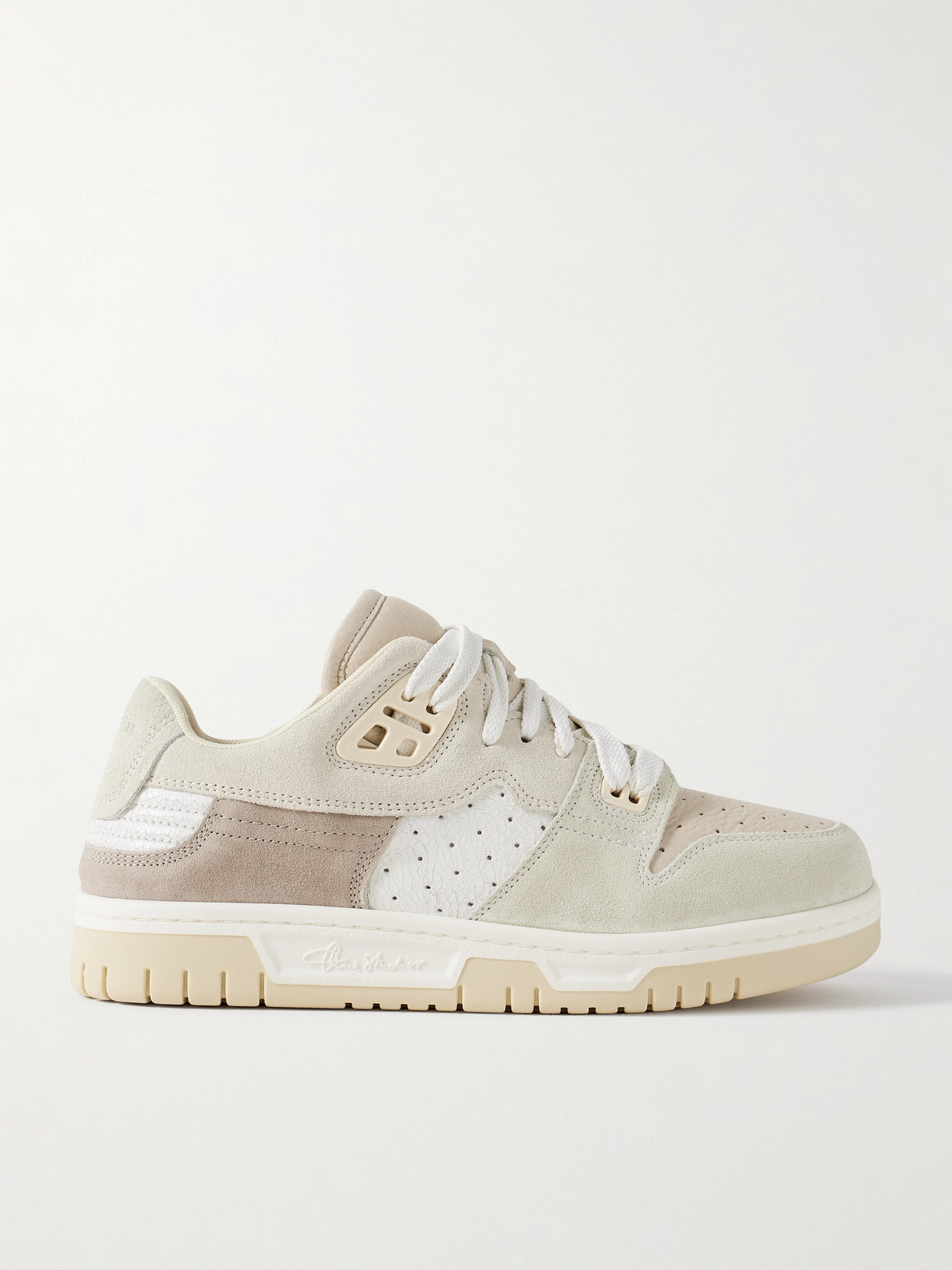 ACNE STUDIOS + NET SUSTAIN SUEDE-TRIMMED PERFORATED CRACKED-LEATHER SNEAKERS