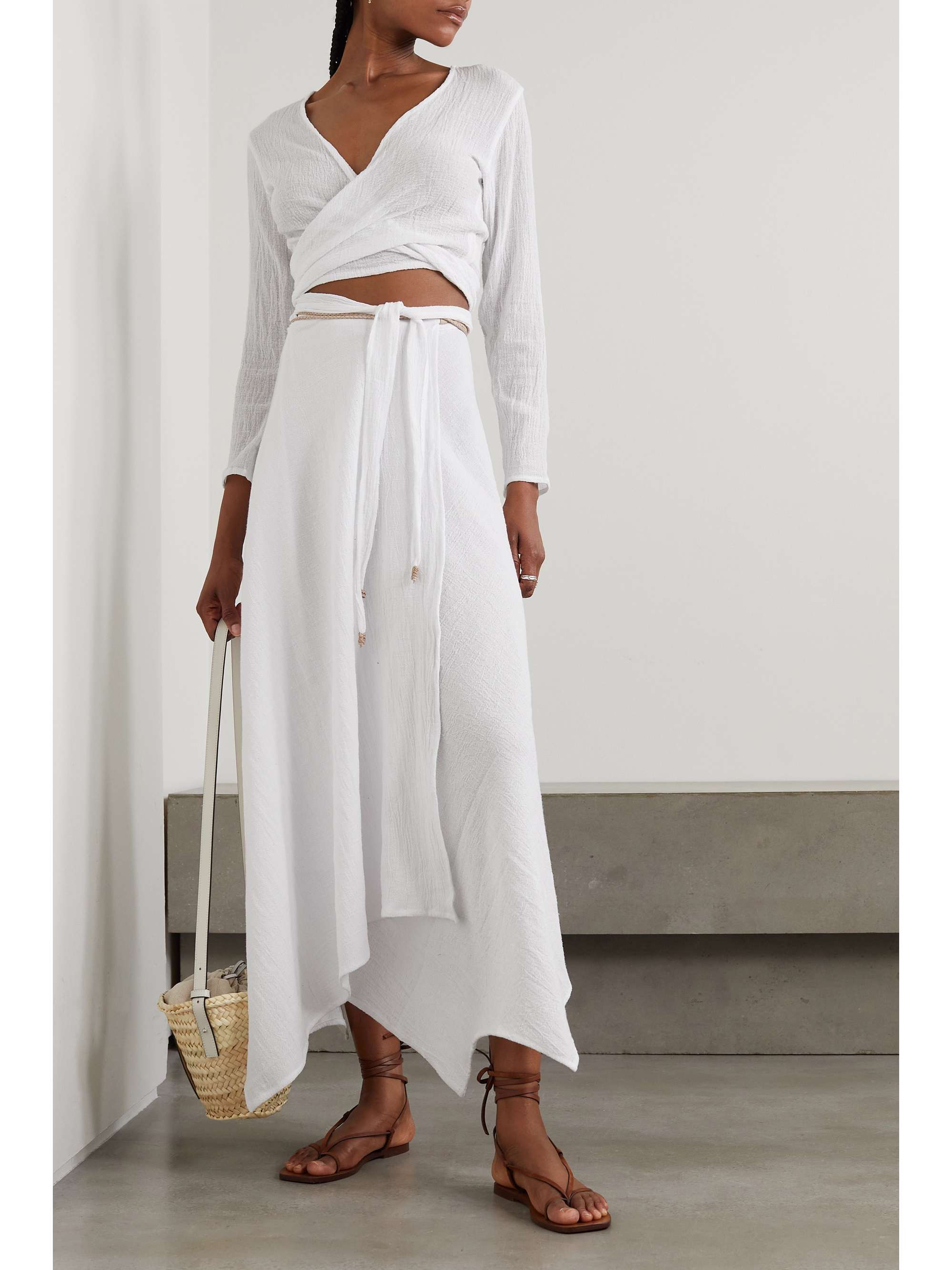 CARAVANA + NET SUSTAIN Lahun leathertrimmed cottongauze wrap top NETAPORTER