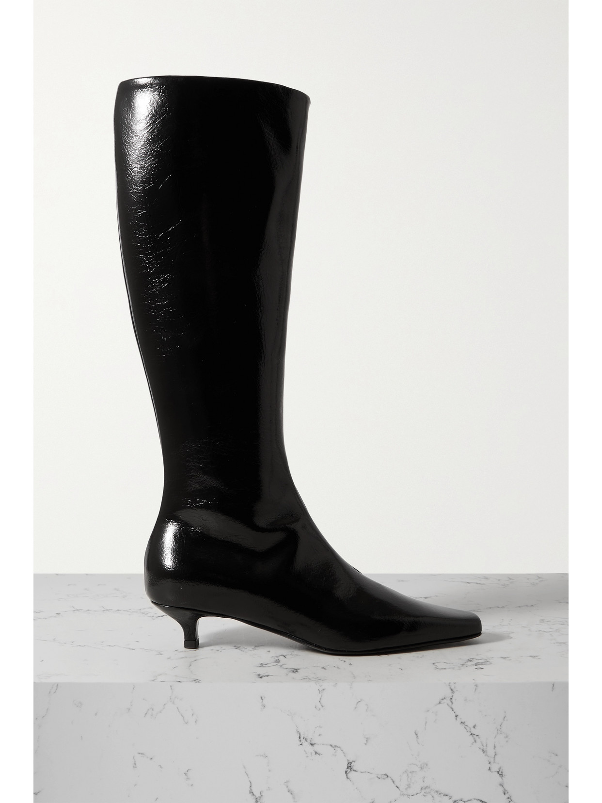 Shop Totême + Net Sustain The Slim Crinkled Patent-leather Knee Boots In Black