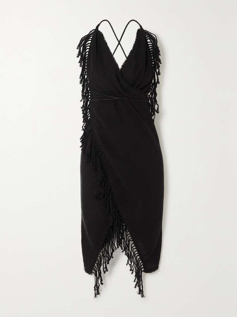 Caravana + Net Sustain Misol Ha Fringed Leather-trimmed Cotton-gauze Mini Wrap Dress