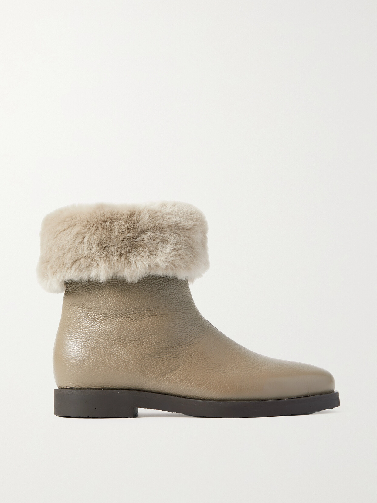 Shop Totême + Net Sustain The Off-duty Faux Fur-trimmed Textured-leather Ankle Boots In Gray